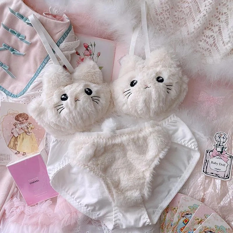 Teddy Bear Sexy Cute Kitty Anime Soft Plush Design Bra & Panty Set