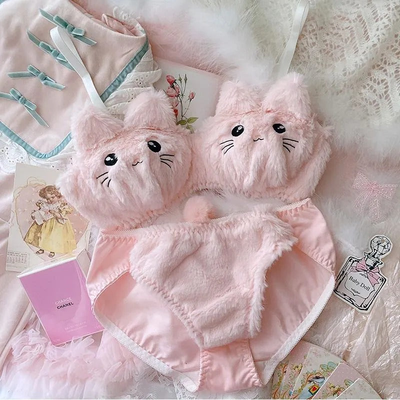 Teddy Bear Sexy Cute Kitty Anime Soft Plush Design Bra & Panty Set