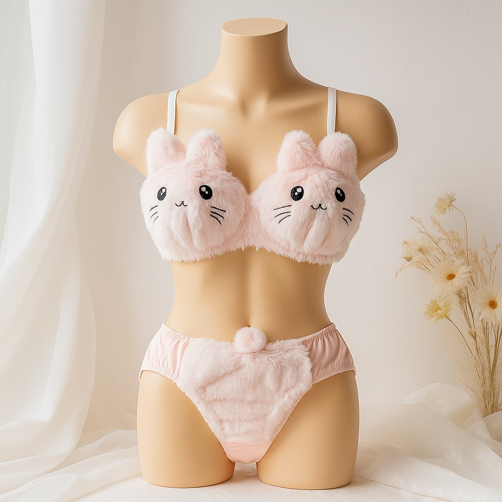 Teddy Bear Sexy Cute Kitty Anime Soft Plush Design Bra & Panty Set